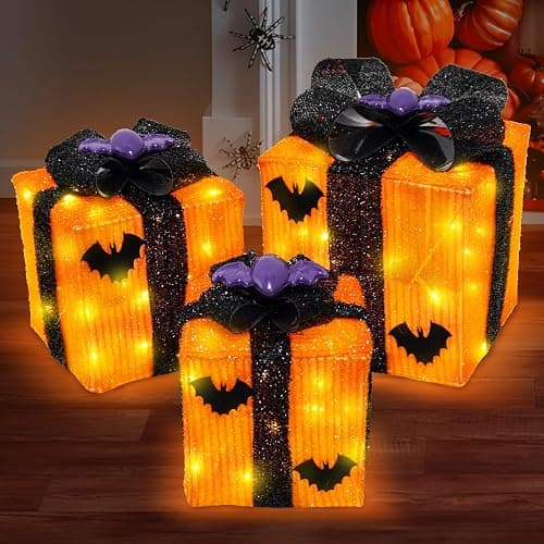 Caxchiling Halloween Lighted Gifts Boxes 3 Pak Gift Boxes with 52 Led Lights Bats Battery Operated Timer Light Up Boxes Decorations for Indoor Home Porch Party Yard - Top bat decor - Image 1