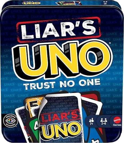 Mattel Games Liar’s UNO Card Game in Travel & Storage Tin for Adults, Kids, Families, Parties & Game Nights, Outwit Other Players with Bluffing & Trickery (Amazon Exclusive) - Image 1