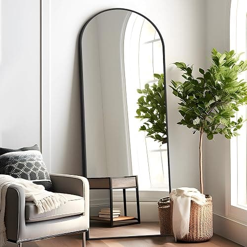 TUYOHW Arched Full Length Mirror, 64"x25"Floor Mirror with Stand, Wall Mirror Full Length, Floor Standing, Hanging or Leaning, Tall Aluminum Frame Full Body Mirror for Bedroom, Black - Black-arched - 64"L x 25"W - Image 1