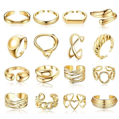 HAIAISO 16 Pcs Chunky Rings Set for Women Non Tarnish 18K Gold Plated Chunky Rings Adjustable Stackable Thick Dome Ring Pack - Image 1