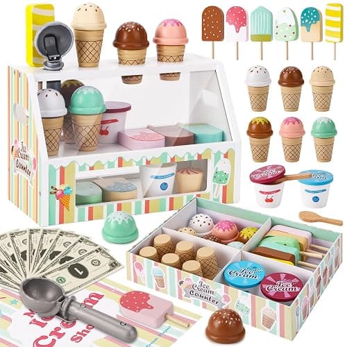 Wooden Ice Cream Toys for Kids Pretend Play Kitchen Food Toys with Scoop & Menu & Fake Money, Ice Cream Counter Shop Playset for 3 4 5 6 Year Old Girls Boys Birthday Gifts - Image 1