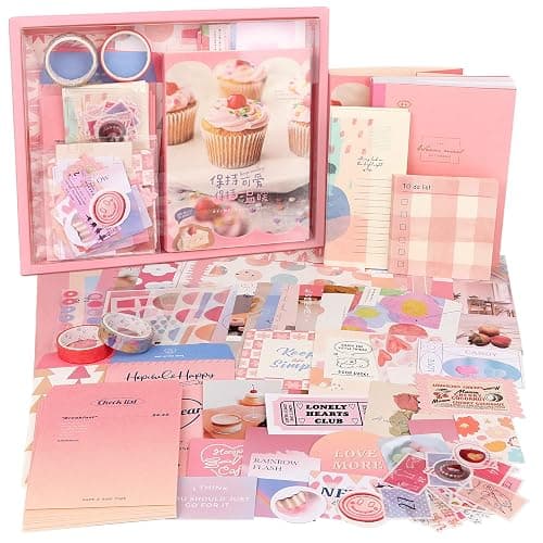 Draupnir Pink Cute Kawaii Aesthetic Scrapbook Kit(348pcs), Bullet Junk Journal Kit with Journaling/Scrapbooking Supplies, Stationery,A6 Grid Notebook with Graph Ruled Pages DIY Gift for Teen Girl - Image 1