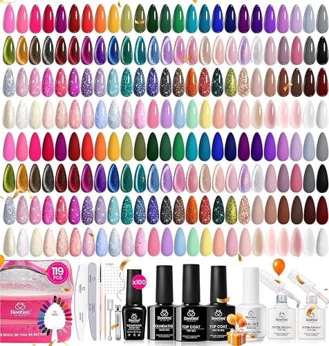 Beetles Fall Nail Fest Gel Nail Polish Set - Nail Nook 119 PCS 100 Colors Gel Polish Kit Base Glossy Matte Glitter Top Coat Neon Glitter Pearl Cat Eye White Red Pink Nude Nails Gift for Women - Image 1