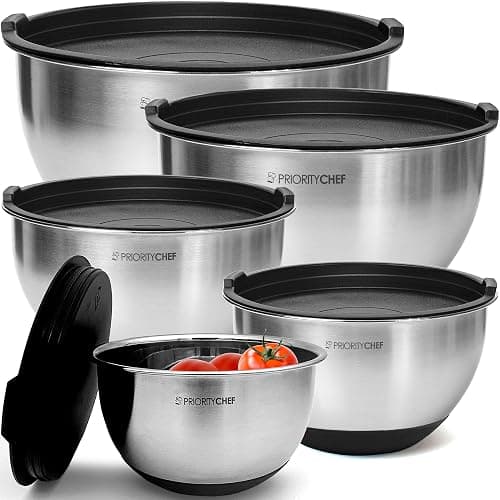 Priority Chef Premium Mixing Bowls With Lids Set, Airtight Lids, Thicker Stainless Steel, Non-Slip Base, 5 Nesting Steel Bowls for Kitchen, Large Prep Metal Bowl Set 1.5/2/3/4/5 Qt, Black - Image 1