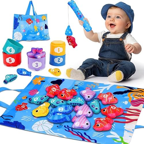 Montessori Toys for 1 Year Old - Cloth Fishing Game Baby Toys 6-12 12-18 Months with Stacking Cups - Sorting Learning Toddler Toy Age 1-2 - Babies First Birthday Gifts for 1 2 3 Year Boy Girl - Image 1