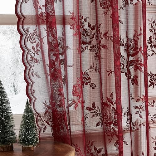 Burgundy Lace Curtains 84 Inches Long Vintage Floral Curtains 2 Panels for Bedroom Living Room Rod Pocket Light Filtering Maroon French Romantic Window Curtains Modern Wine Decor Neutral, 52x84 - 52"W x 84"L (Pack of 2) - Burgundy - Image 1