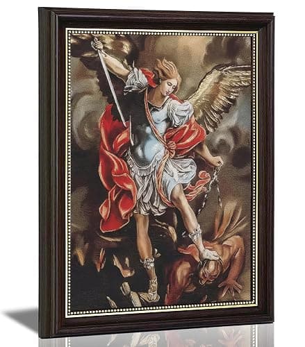 St Michael Archangel Framed Wall Art - Saint Michael Defeating Satan Painting - Catholic Religious Wall Decor for Bedroom Living Room Church, Vintage Christian Angel Canvas Print with Gold Trim Framed - Image 1