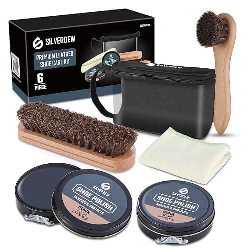 SILVERDEW 6-Piece Shoe Polish Kit, Portable Shoe Shine Kit Includes 2PCS Horsehair Brushes, 2PCS Black Shoe Polishes, Polishing Cloth and Carrying Bag, Leather Boot Care Kit for Men & Women - Image 1
