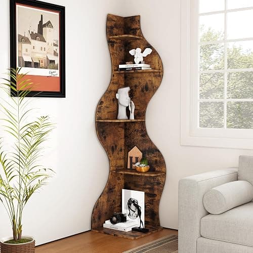 YOWOS Modern Corner Shelf, 5 Tier High Corner Bookshelf for Small Spaces, Scalloped Corner Bookshelf and Storage, Wooden Display Stand for Plants, Books and Decorations (Rustic) - Image 1