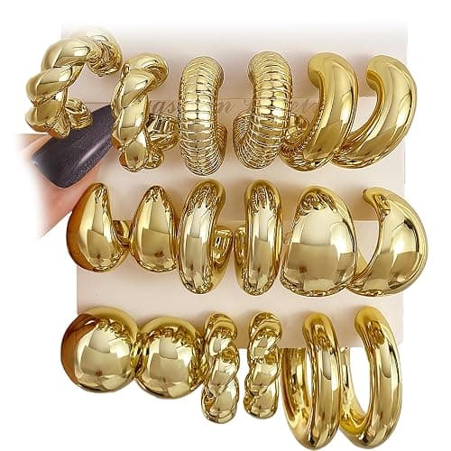 24 Pairs Gold Hoop Earrings Set for Women Hypoallergenic Chunky Chain Twisted Open Hoops Dangle Earring Packs for Birthday Party Fashion Jewelry Gift - Image 1