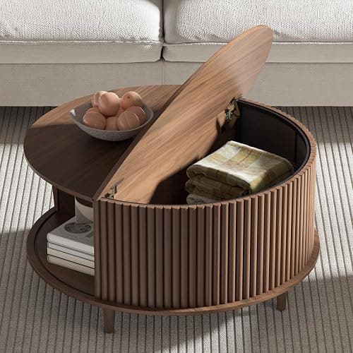JOINICE,Round Coffee Table with Storage,Fluted Center Table with Sliding Cabinet Door for Living Room,Home Small Space,31.5" Small Center Table,Walnut - Image 1