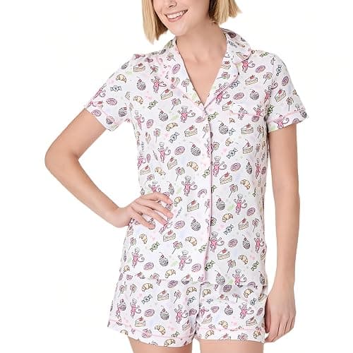 Womens Pajamas Set Button Down 2 Piece Cute Monkey Bunny Y2k Preppy Heart Pjs Sets Lounge Comfy Sleepwear - Image 1
