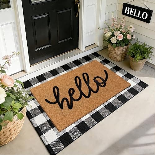2 Pcs Welcome Door Mat Set, Layered Hello Coir Doormat with Black and White Buffalo Plaid Mat, Front Door Mats with Non-Slip TPR Backing, Farmhouse Modern Door Decor for Porch, Entryway, Patio - Image 1