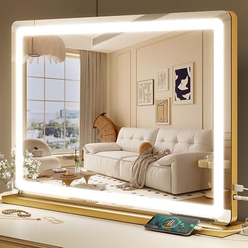 ROLOVE Gold Vanity Mirror with Lights, 32" x 22" Large Lighted Vanity Mirror with Dimmable 3 Modes, LED Makeup Mirror, USB Charging Port, Tabletop or Wall-Mounted - Image 1