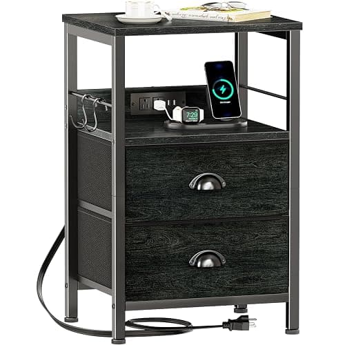 Furologee Nightstand with Charging Station, Black Night Stand with 2 Fabric Drawers, Side Table with USB Ports, End Table with Storage Shelf, for Living Room/Bedroom, Black Oak - Image 1