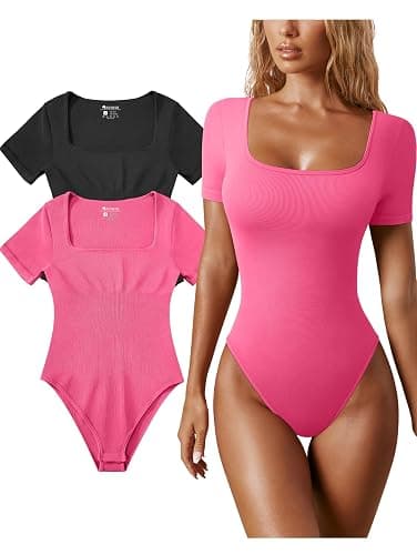OQQ Women's 2 Piece Square Neck Short Sleeve Bodysuits | Sexy Ribbed One Piece, Shapewear, Tummy Control, One Piece Leotard Shirt, Casual Bodysuits, Versatile Stretchy Bodysuits - Image 1