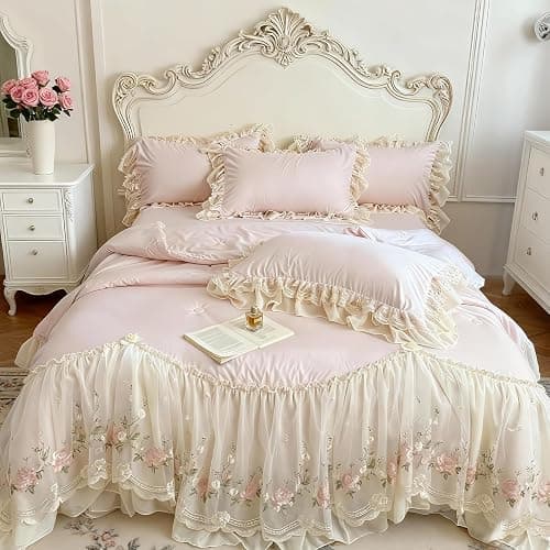 French Chic Bedding Set 4-Piece - Romantic Lace Trim Washed Cotton, Duvet Cover with Bed Skirt & Pillowcases for Queen Bed, Princess Style (Comforter Not Included) (Pink,Queen (U.S. Standard)) - Image 1