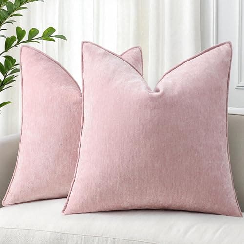 decorUhome Christmas Couch Throw Pillow Covers 18x18 Set of 2, Decorative Soft Euro Velvet Neutral Chenille Pillow Covers with Elegant Design for Sofa Bed Living Room Home Decor, Blush Pink - Image 1