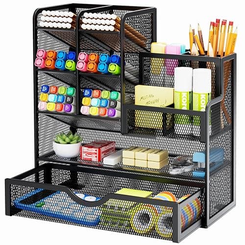Marbrasse Mesh Pen Holder for Desk, Multi-Functional Pencil Organizer with Drawer, Desk Organizers and Accessories for Office Art Supplies (Black) - Image 1