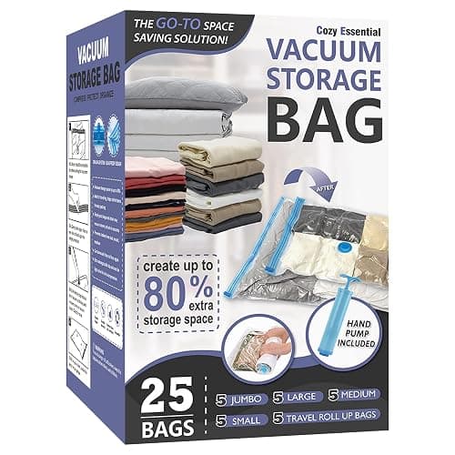 25 Pack Space Saver Bags (5 Jumbo/5 Large/5 Medium/5 Small/5 Roll) Compression Storage Bags for Comforters and Blankets, Vacuum Sealer Bags for Clothes Storage, Hand Pump Included - 25 Pack - Image 1