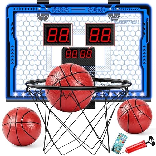 Indoor Basketball Hoop for Kids, Remote Control Basketball Hoop Indoor with Electronic Scoreboard/7-Color LED Lights/2 Modes/3 Balls, Foldable Design, Cool Basketball Gifts for Boys 8-12 (Blue) - Image 1