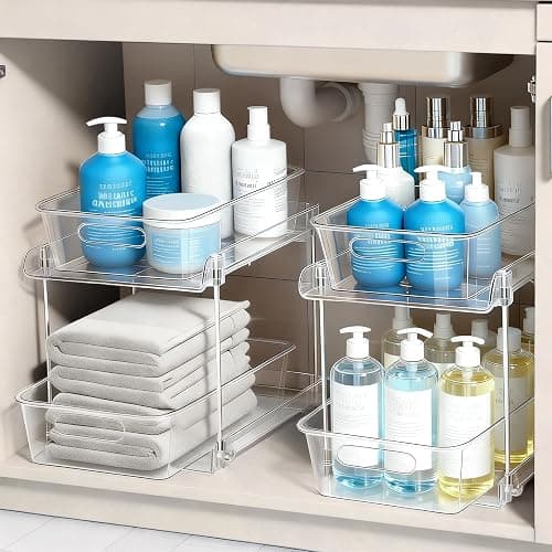 FAMOVELL 2 Tier Under Sink Organizer Bathroom Organizers and Storage, Clear Stackable Bathroom Cabinet Organizer, Multipurpose Pull-Out Home Organizer for Kitchen and Pantry Storage 2 Pack - Image 1