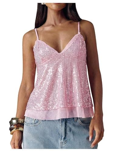 MakeMeChic Women's Sequin Sparkly Flowy Tank Top Babydoll Going Out Tops | Peplum Tops, Sleeveless, Spaghetti Strap, Y2K, Concert Outfit, Party, Club - Image 1