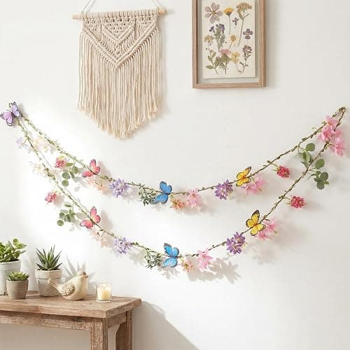 Hahafelt 2 Pcs 6.56 ft Spring Wildflower Garland Banner with Butterfly Green Leaves Artificial Fake Hanging Flower Vine for Garden Tea Party Fairy Wall Home Wedding Indoor Outdoor Decoration - Image 1