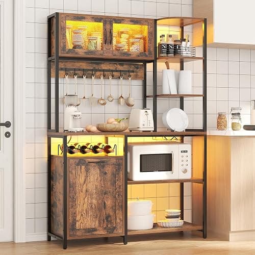 Bigbiglife Bakers Rack with Power Outlet and LED Light, 42.5 inch Industrial Coffee Bar Cabinet with Trash Can Storage Bin Cabinet, Microwave Stand with Storage for Kitchen, Living Room - Image 1