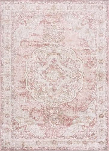 BoutiqueRugs Blush & Light Pink Collection Kandos Bohemian Oriental Medallion Area Rug - Traditional Floral Carpet for Living Room, Bedroom - Blush, Dusty Pink, Cream - 3'11" x 5'7" - Image 1