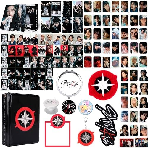 Stray Fanartikel Geschenke Set, SKZ Merch für Stay Mit 1 Photocard Holder, 1 Sticky Notes/50 Blatt, 1 Spiegel, 1 schlüsselanhänger, 1 Handyhalter, 2 Pins, 2 Patches Klett, 55 Photocards, 95 Aufkleber - Image 1