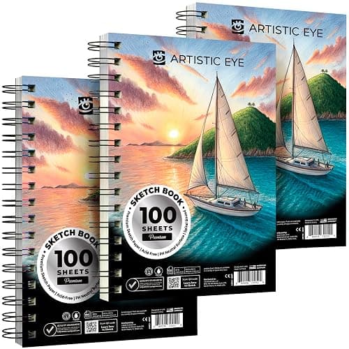 ARTISTIC EYE 5.5X8.5” Premium Sketch Book Set, Pack of 3 (300 Sheets), 68lb (100gsm), Spiral Bound, Acid-Free Drawing Paper, Perfect for Most Dry Media, Ideal for Beginners & Professionals (Set of 3) - Image 1