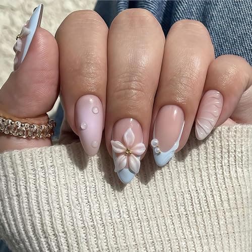 Summer Flower Press on Nails Almond Medium Fake Nails with Flowers French Tip Stick on Nail Full Cover Almond Nails Design 3D Rhinestones Pattern Glitter Acrylic For Women Nail Art DIY 24 Pcs - Image 1