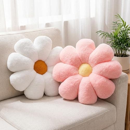 JZNEXD 2 Pcs Flower Throw Pillow Set for Teen Girls Bedroom Preppy Room Decor Aesthetic, Cute Daisy Decorative Preppy Throw Pillows for Bed Sofa Chair Home Decor (Pink & White) - Image 1