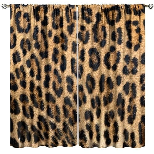 Leopard Print Curtains Retro Fur Skin Brown Farm 3D Leopard Print Wild Animal Fur Skin Window Treatments for Kids Living Room Bedroom Home Decor Window Drapes 42" W X 45" L - Image 1