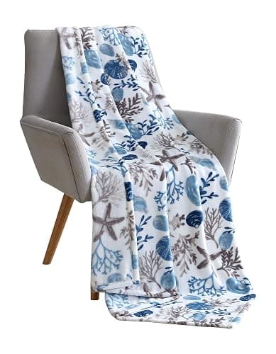 Coastal Ocean Beach Throw Blanket: Soft Plush Velvet Fleece Seashells Hues of Blue Grey on White Accent for Couch or Bed, Colored: Blue Gray Taupe White - Image 1