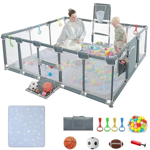 XNWQL Baby playpen, 79"x71"Baby Playpen with Mat Indoor&Outdoor Playpen for Babies and Toddlers with Breathable Play Pen with Ocean Balls Hanging Pocket Basketball Hoop and Football Goal - Image 1