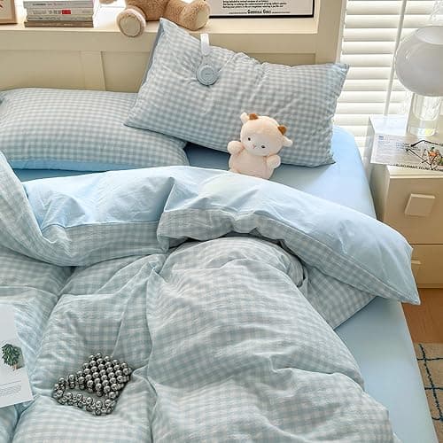 BOLINLIVING Gingham Duvet Cover Set Twin, Kids College Dorm Comforter Cover | Reversible Blue Plaid Checkerd, 68"x 90" with 1 Pillowcase,Soft Microfiber, Breathable, Zipper & 8 Ties, All Season,No insert - Image 1