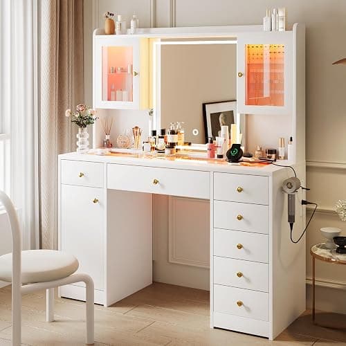 iPormis Vanity Desk with Mirror and Lights, Glass Top Makeup Vanity with RGB Light and Power Outlet, Dressing Table Mirror with 3 Lighting Colors, 7 Drawers, 3 Cabinets, White Vanity for Bedroom - Image 1