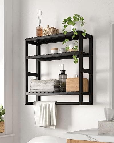 Galood Over The Toilet Storage Bathroom Shelves Wall Mounted 3 Tier Space Saver Corner Shelf Organizer Bamboo Towel Rack Toilet Paper Cabinet with Hanging Rod Black - Image 1
