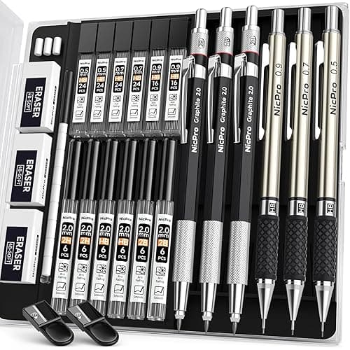 Nicpro 6PCS Art Mechanical Pencil Set, 3PCS Metal Drafting Pencil 0.5 mm & 0.7 mm & 0.9 mm & 3PCS 2mm Graphite Lead Holder (2B HB 2H) For Writing, Sketching Drawing With Lead Refills Case - Image 1