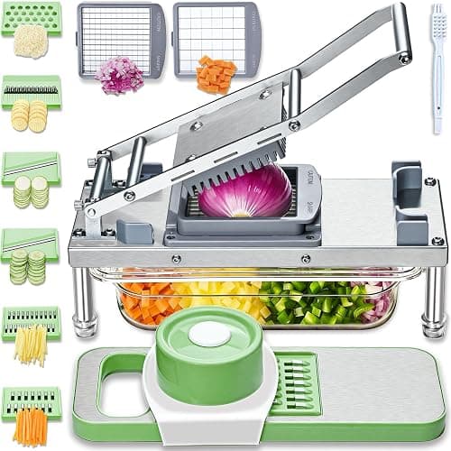 All-in-1 Vegetable Chopper with 8 Blades - Mandoline Slicer-Pro Food Chopper with Container - Veggie Salad Onion Chopper - Potato Dicer French Fry Cutter - Cheese Grater - Stainless Steel material - Image 1