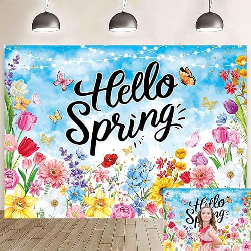Hello Spring Backdrop Butterfly Flowers Spring Photography Background Easter Photo Backdrop Children Birthday Baby Shower Party Decoration Banner (7x5FT: 84x60 inch) - Image 1
