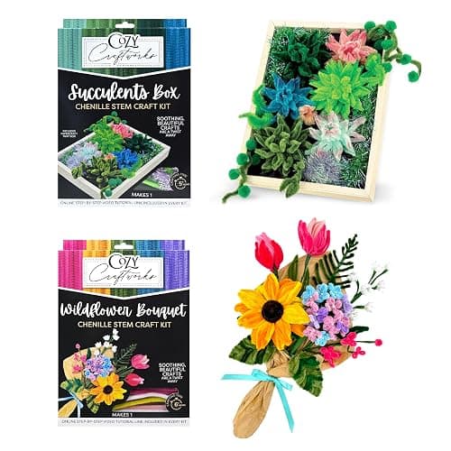 WeVeel Cozy Craftworks Chenille Stem Flower & Succulent Craft Kit for Adults – Create a Wildflower Bouquet and Succulent Box Garden – Relaxing DIY Botanical Arts & Crafts Set - Image 1