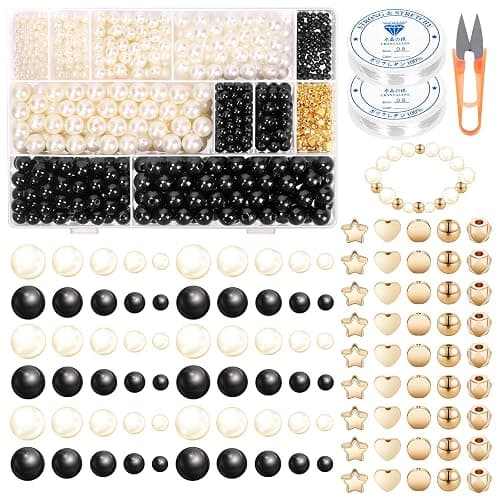 Swpeet 1503Pcs 2 Colors 4/6/8/10/12mm Pearl Bracelet Making Kit Includes 1000Pcs Black/White Perforated Pearls, 500Pcs Spacer Beads, 2Pcs Elastic Strings, 1Pc Scissors for DIY Jewelry Beading Necklace - Image 1