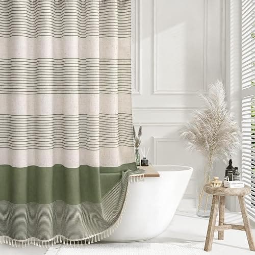 XOGUIBO Sage Green Shower Curtain Boho Linen Striped Shower Curtains for Bathroom with Tassel 72 X 72 - Image 1