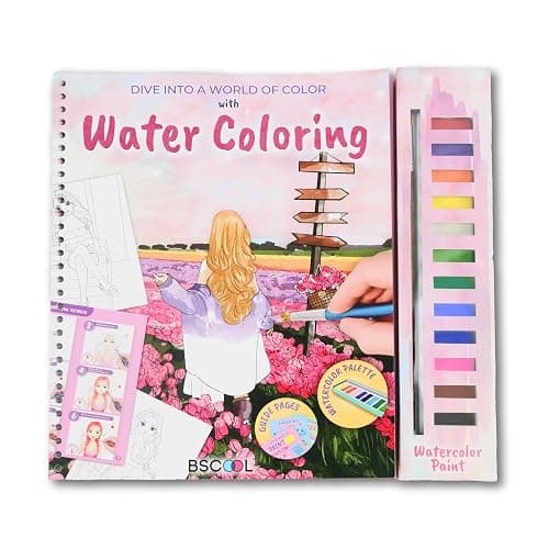 BSCOOL Water Coloring Book for Beginners – Painting Kits for Kids Ages 5 and up. Watercolor Book with 12 Paint Palettes, 1 Brush, and Guides. Fashion Painting for Girls with 15 Pre-Drawn Models. Gift for Girl Ages 5,6,7,8 - Image 1