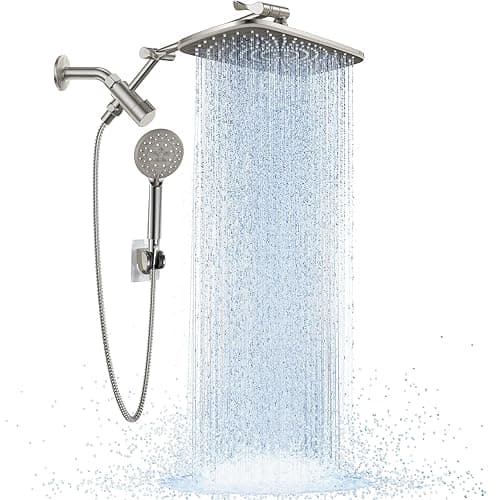 Veken Wide Brushed Nickel Rain Shower Head with Handheld, High Pressure Rainfall Showerhead Combo with Arm for Bathroom Accessories, Home Decor, Detachable Dual Shower with Multi Modes Handheld Spray - Image 1