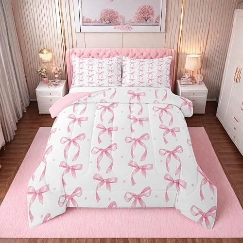 Erosebridal Cute Pink Bow Twin Bedding Set for Girls,Ribbon Bow Knot Comforter Set for Kids Kawaii Room Decor,Princess Bowknot Bed Set Girly Pink Bows Bedding Comforter Sets,1 Pillowcase - Image 1
