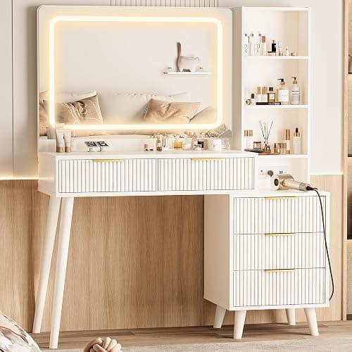 Vanity Desk with Mirror and Lights, Makeup Vanity Desk with Power Outlet, Makeup Desk with 5 Drawers&Storage Shelves, Vanity Table 3 Color Modes Adjustable Brightness Dressing Table Set for Bedroom - Image 1
